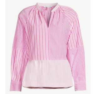 Free Assembly Women's V-Neck Peplum Top with Long Sleeves Pink Striped NEW sz XS